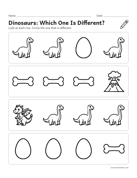 Preview of the printable “Dinosaurs: which one is Different?” worksheet: finding the picture that is different