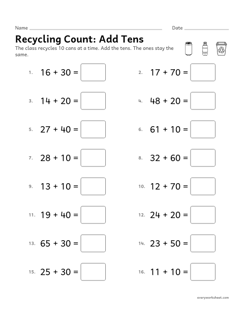 Preview of the printable “Recycling Count: add tens” worksheet: adding a multiple of 10 to a two-digit number