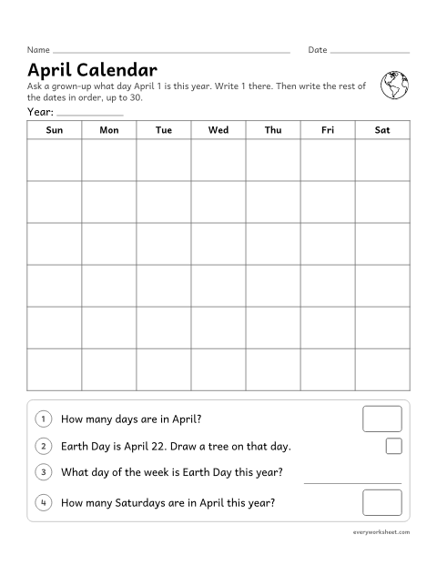 Preview of the printable “April calendar” worksheet: writing the dates 1 to 30 in order on an April calendar and reading it