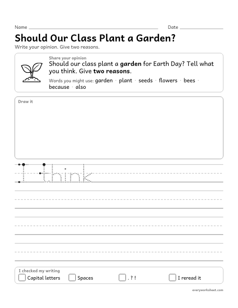 Preview of the printable “Should our class plant a Garden? opinion writing” worksheet: writing an opinion with reasons and a closing
