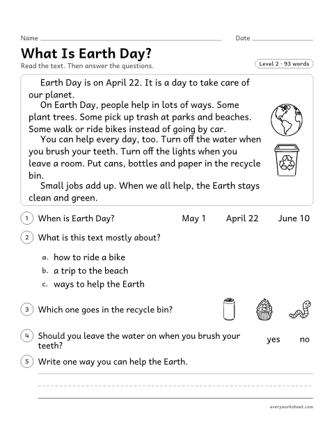 Preview of the printable “What is earth Day? reading passage” worksheet: identifying the main topic and key details of a short text about Earth Day