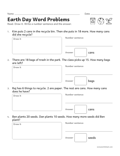 Preview of the printable “Earth day word problems” worksheet: solving Earth Day word problems within 20