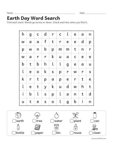Preview of the printable “Earth day word search” worksheet: finding and reading Earth Day words by their spelling