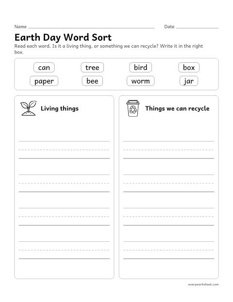 Preview of the printable “Earth day word sort” worksheet: sorting Earth Day words into categories
