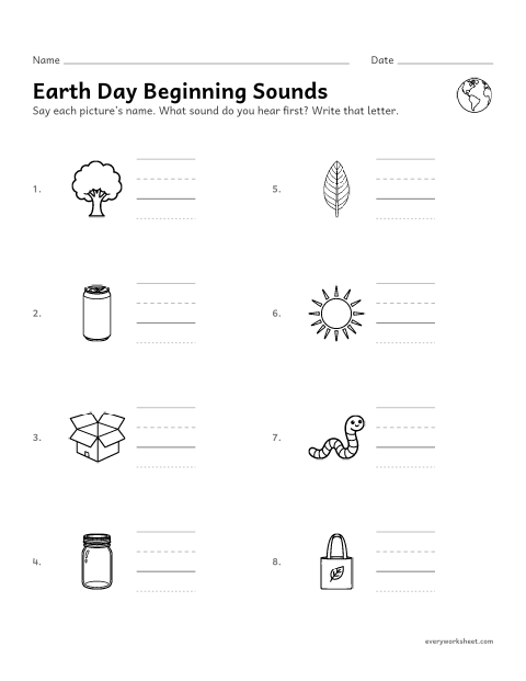 Preview of the printable “Earth day beginning sounds” worksheet: hearing the first sound in a word and writing its letter