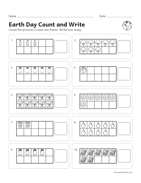 Preview of the printable “Earth day count and Write: ten frames” worksheet: counting up to 10 pictures and writing the number