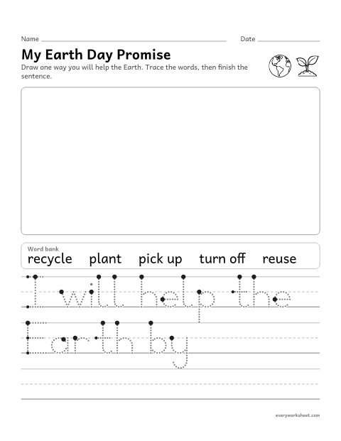 Preview of the printable “My earth day promise writing page” worksheet: drawing and writing about a way to care for the Earth