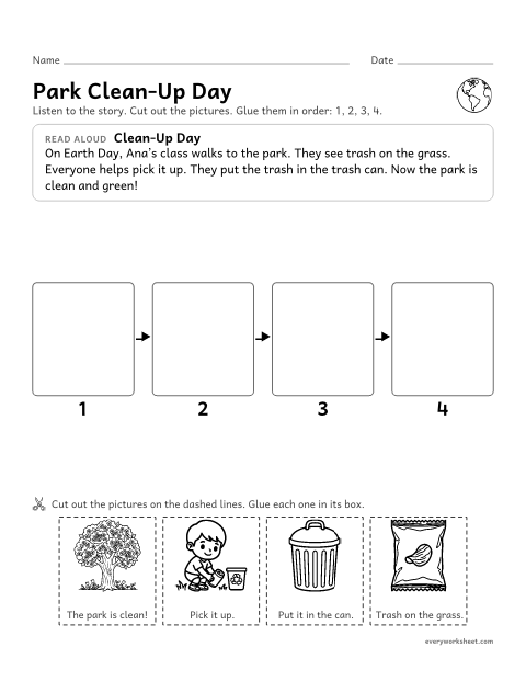 Preview of the printable “Park Clean-Up sequencing cut and paste” worksheet: putting the events of a short story in order