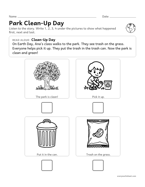 Preview of the printable “Park Clean-Up sequencing” worksheet: putting the events of a short story in order