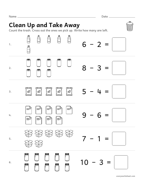 Preview of the printable “Earth day take Away: subtraction within 10” worksheet: taking away within 10 with pictures
