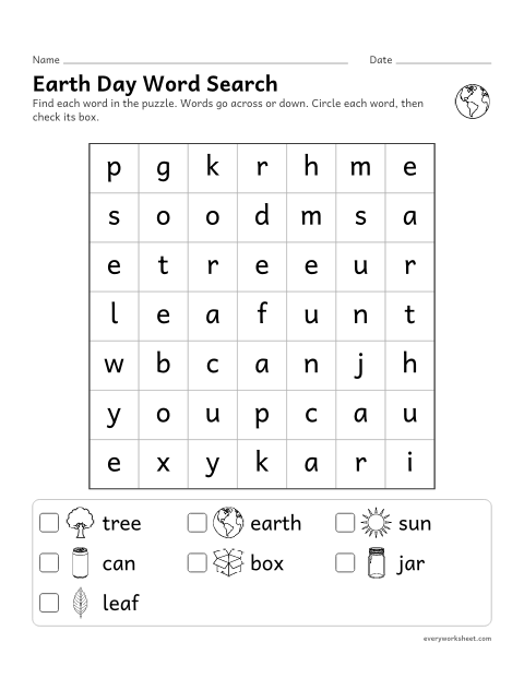 Preview of the printable “Earth day word search for kindergarten” worksheet: finding words by their letters