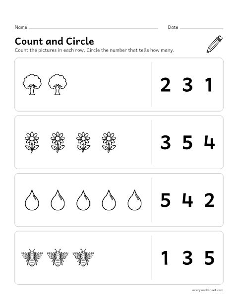 Preview of the printable “Earth day count and circle 1–5” worksheet: counting groups of 1 to 5 trees, flowers, bees and drops