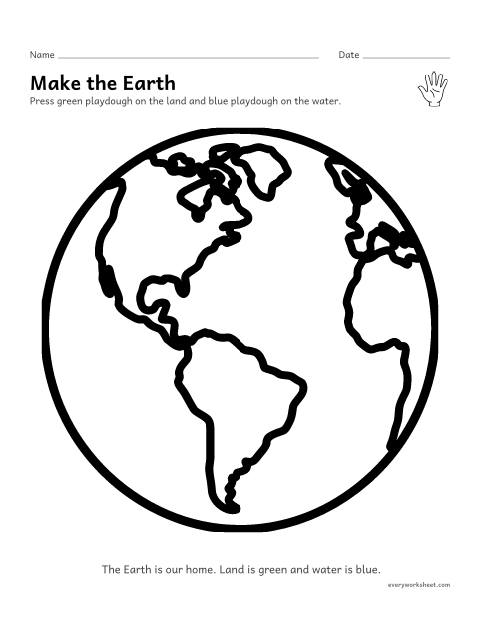 Preview of the printable “Earth day playdough mat” worksheet: pressing playdough to fill land and water shapes