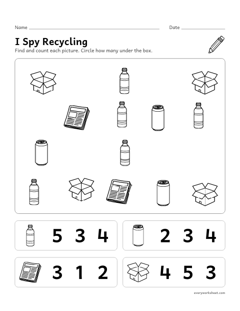 Preview of the printable “I spy recycling” worksheet: finding and counting up to 5 of each thing we recycle
