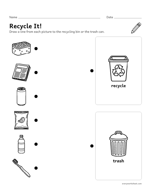 Preview of the printable “Earth day recycle or trash sort” worksheet: sorting things into recycling and trash