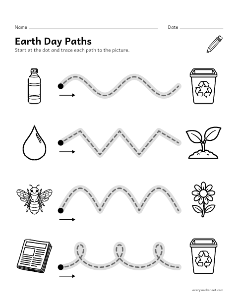 Preview of the printable “Earth day trace the path” worksheet: tracing wavy, hill, zigzag and loop paths from left to right