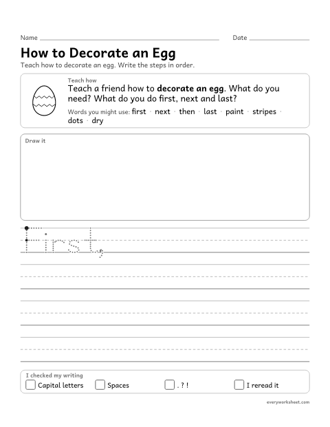 Preview of the printable “How to decorate an egg writing prompt” worksheet: writing how-to steps in order with a topic and a closing