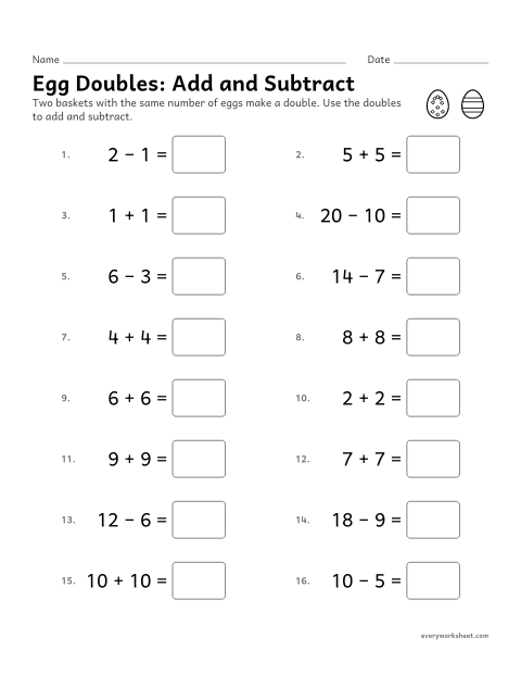 Preview of the printable “Egg Doubles: add and subtract” worksheet: adding and subtracting with doubles facts