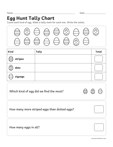 Preview of the printable “Egg hunt tally chart” worksheet: sorting and tallying eggs into three groups and comparing the totals