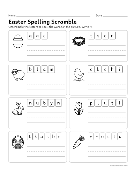 Preview of the printable “Easter spelling scramble” worksheet: spelling Easter words with common spelling patterns