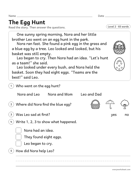 Preview of the printable “The egg hunt reading passage” worksheet: reading a short story and describing its characters and major events