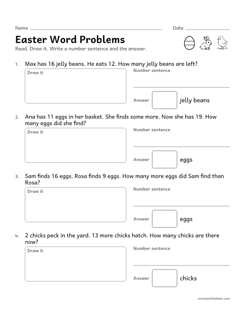 Preview of the printable “Easter word problems” worksheet: solving Easter egg hunt word problems within 20