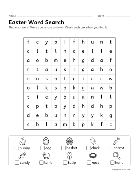 Preview of the printable “Easter word search” worksheet: finding and reading Easter words by their spelling