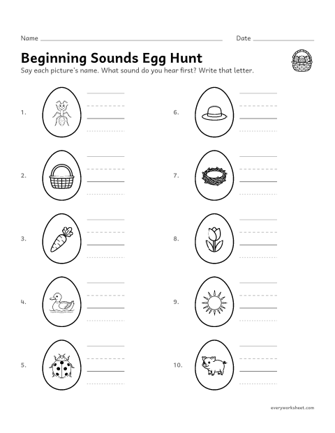 Preview of the printable “Easter egg Hunt: beginning sounds” worksheet: hearing the first sound in a word and writing its letter