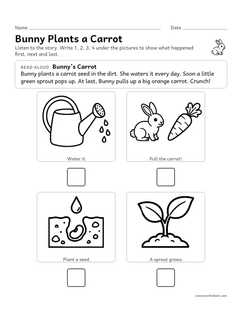 Preview of the printable “Bunny plants a carrot sequencing” worksheet: putting the events of a short story in order