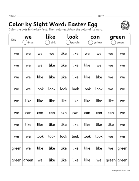 Preview of the printable “Color by sight Word: easter egg” worksheet: reading sight words to color a picture