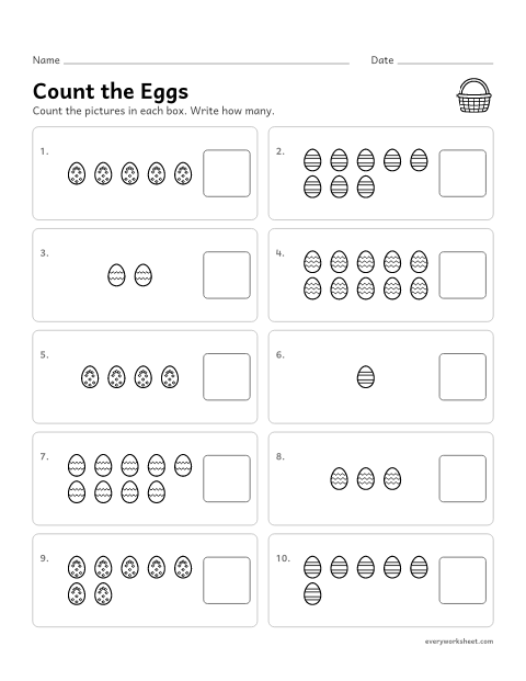 Preview of the printable “Count the easter eggs 1–10” worksheet: counting up to 10 pictures and writing the number