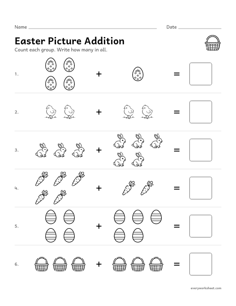 Preview of the printable “Easter egg picture addition within 10” worksheet: adding two groups of pictures within 10