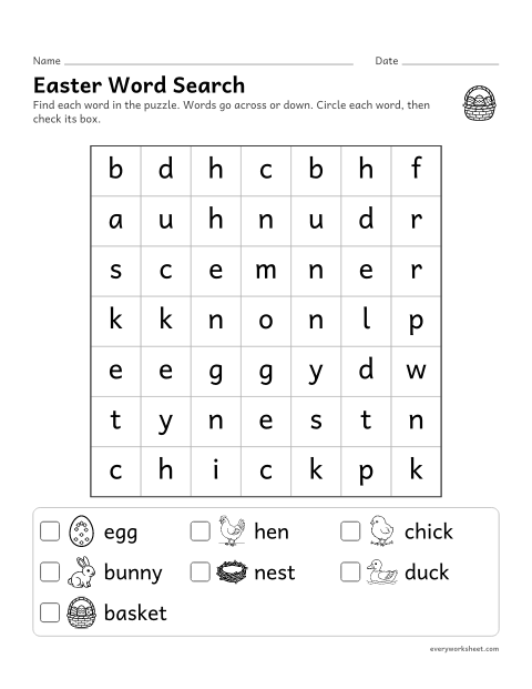 Preview of the printable “Easter word search for kindergarten” worksheet: finding words by their letters
