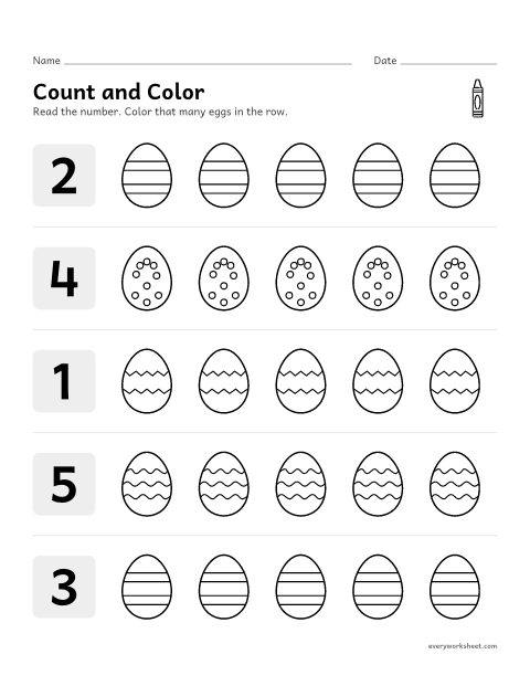 Preview of the printable “Easter eggs count and color 1–5” worksheet: counting out 1 to 5 eggs from a group