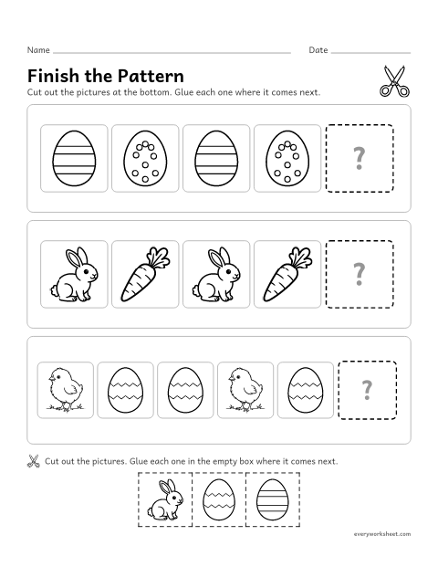 Preview of the printable “Easter egg patterns cut and paste” worksheet: finishing AB and ABB picture patterns