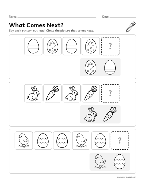 Preview of the printable “Easter egg Patterns: what comes Next?” worksheet: finishing AB and ABB picture patterns