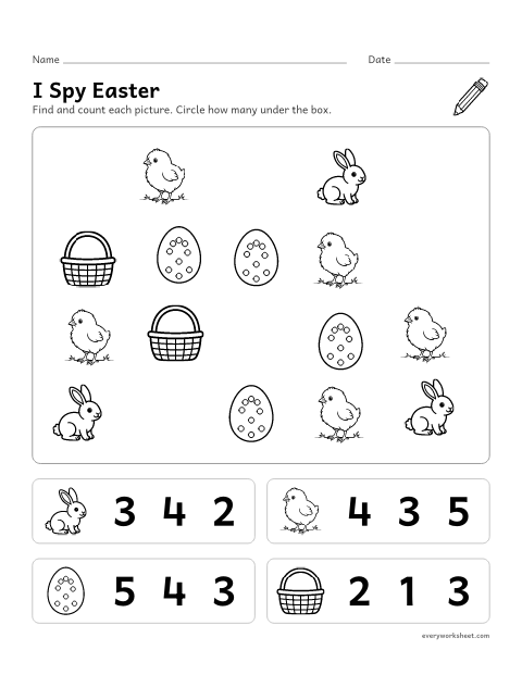 Preview of the printable “I spy easter” worksheet: finding and counting up to 5 of each Easter picture