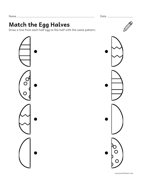 Preview of the printable “Match the easter egg halves” worksheet: matching egg halves by their pattern