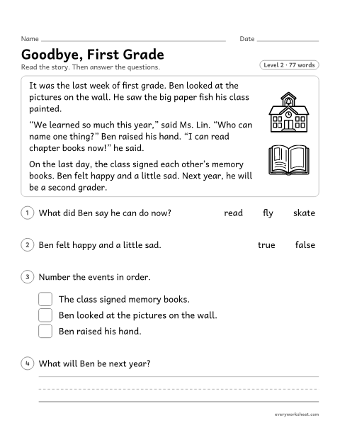 Preview of the printable “Goodbye, first grade” worksheet: describing a story's characters, events and feelings