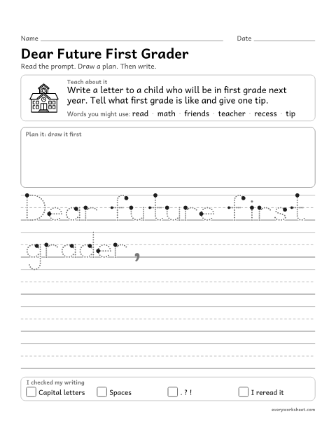 Preview of the printable “Dear future first grader” worksheet: writing a letter that tells about first grade