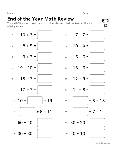 Preview of the printable “End of the year math review” worksheet: reviewing addition and subtraction within 20 and adding tens