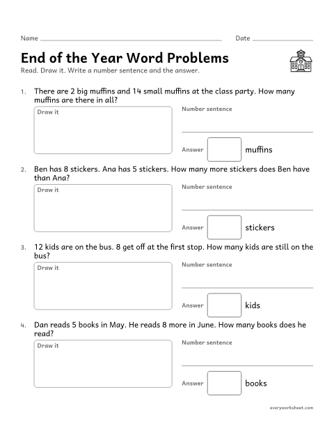 Preview of the printable “End of the year word problems” worksheet: solving addition, subtraction and compare word problems within 20