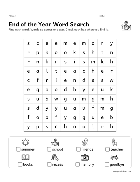 Preview of the printable “End of the year word search” worksheet: reading and finding end of the year words