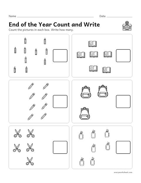 Preview of the printable “End of the year count and write” worksheet: counting up to 10 objects in a scattered group and writing the number