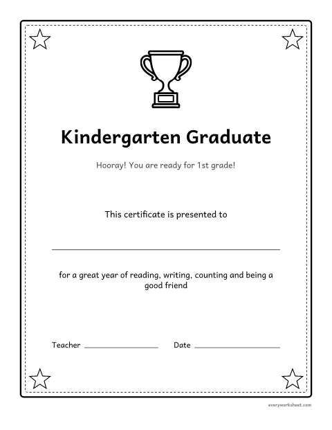 Preview of the printable “Kindergarten graduation certificate” worksheet: celebrating a child's kindergarten year and the move to 1st grade