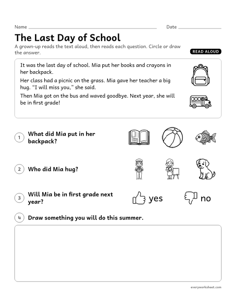 Preview of the printable “The last day of school” worksheet: listening to a story and answering questions about key details
