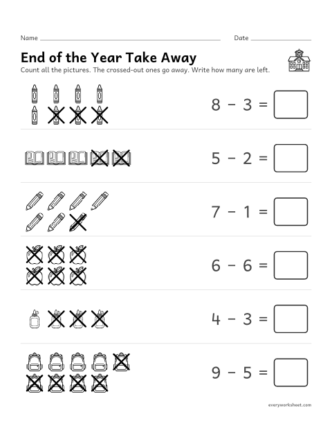Preview of the printable “End of the year take away” worksheet: taking away within 10 with pictures