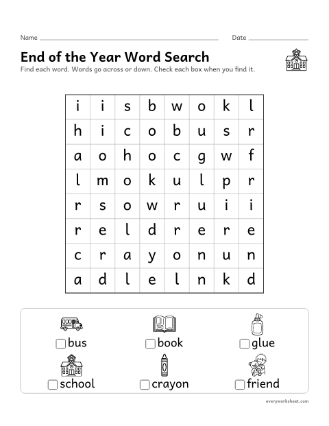 Preview of the printable “End of the year word search” worksheet: finding end of the year words letter by letter