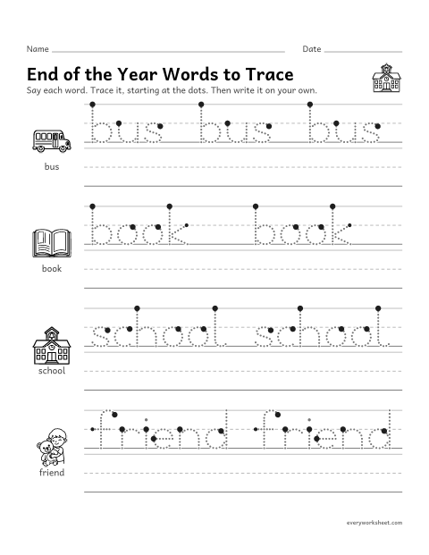 Preview of the printable “End of the year words to trace” worksheet: tracing and writing end of the year words