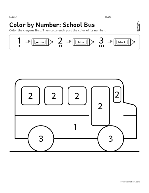 Preview of the printable “Color by Number: school bus” worksheet: reading the numerals 1 to 3 to color